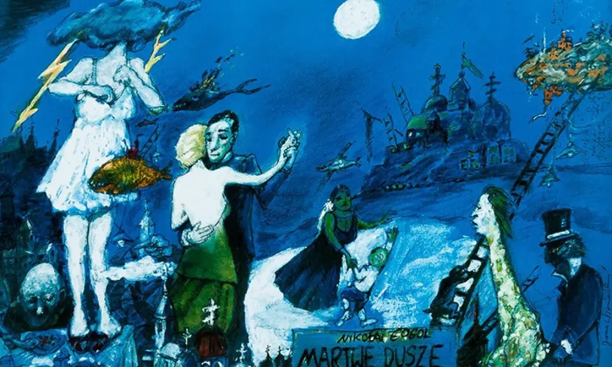 Tancerze, postać z chmurą i rybą, dziwne budowle i latające ryby tworzą surrealistyczną scenę. To plakat do spektaklu "Martwe dusze".