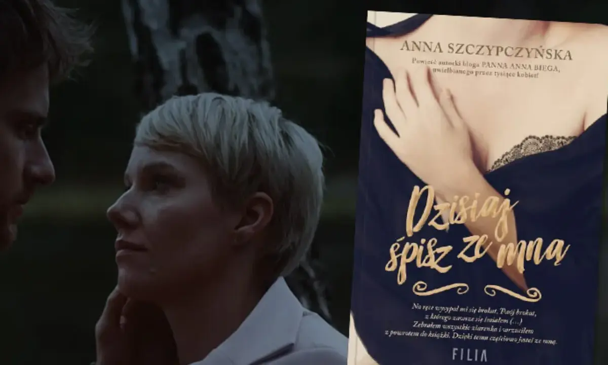 Para patrzy sobie w oczy, obok okładka książki "Dzisiaj śpisz ze mną".