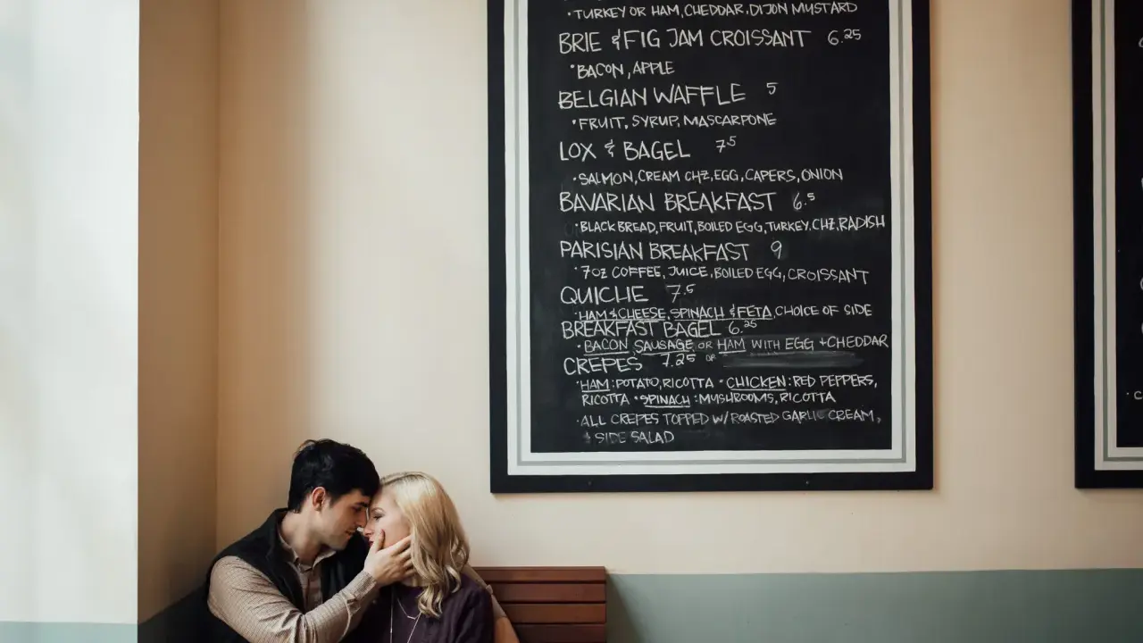 Para zakochanych przy tablicy z menu kawiarni.