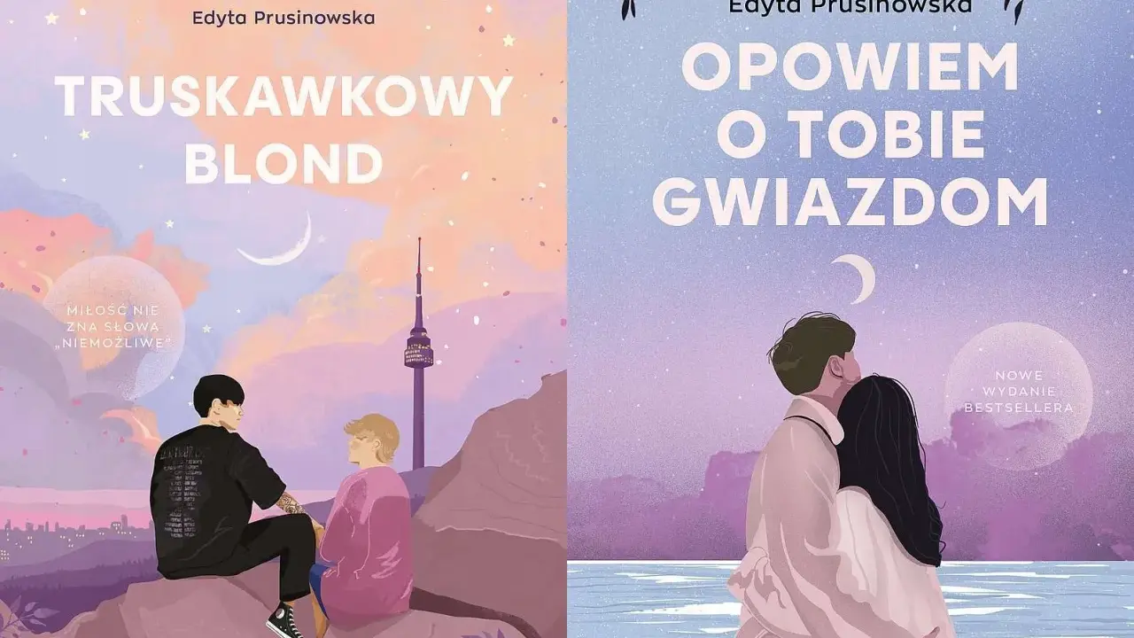 Dwie okładki książek Edyty Prusinowskiej. Na jednej para siedzi na skale, na drugiej obejmuje się. Opowiem o tobie gwiazdom.