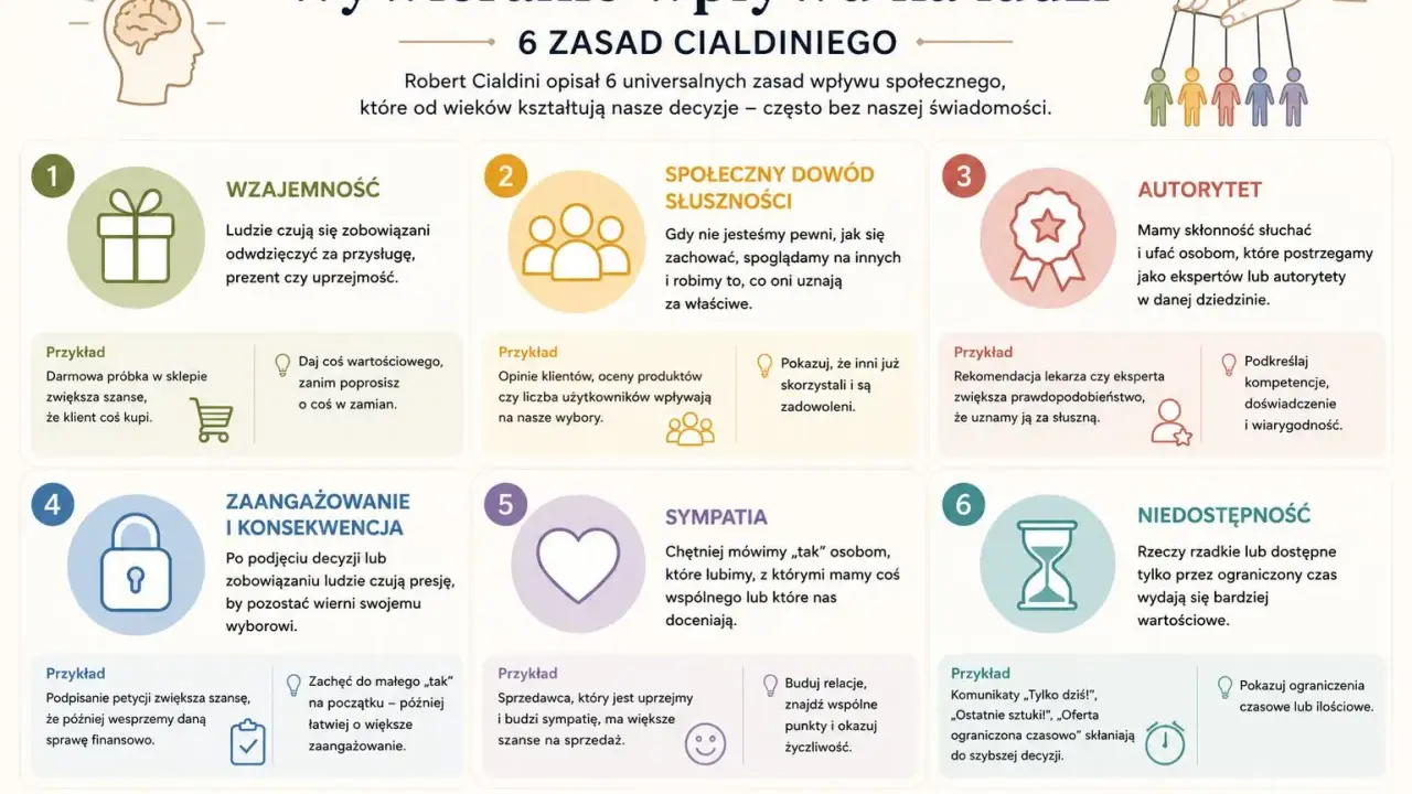6 zasad Cialdiniego: wzajemność, dowód społeczny, autorytet, zaangażowanie, sympatia, niedostępność – klucz do wywierania wpływu na ludzi.