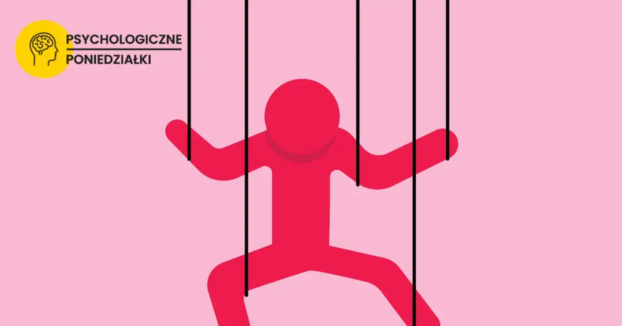 Czerwona postać jak marionetka, sterowana sznurkami, symbolizuje, jak manipulować ludźmi. Logo "Psychologiczne Poniedziałki".