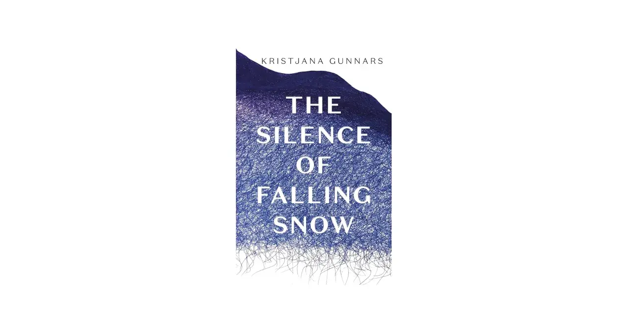 Okładka książki "The Silence of Falling Snow" Kristjany Gunnars. Tytuł sugeruje, że mógłby spaść śnieg, a grafika przypomina zimowy krajobraz.