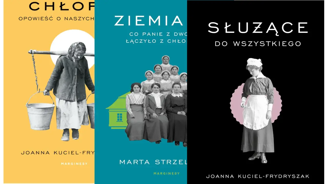 Okładki książek: "Chłop" z kobietą niosącą wiadra, "Ziemia" z grupą kobiet, "Służące do wszystkiego" z postacią w fartuchu.