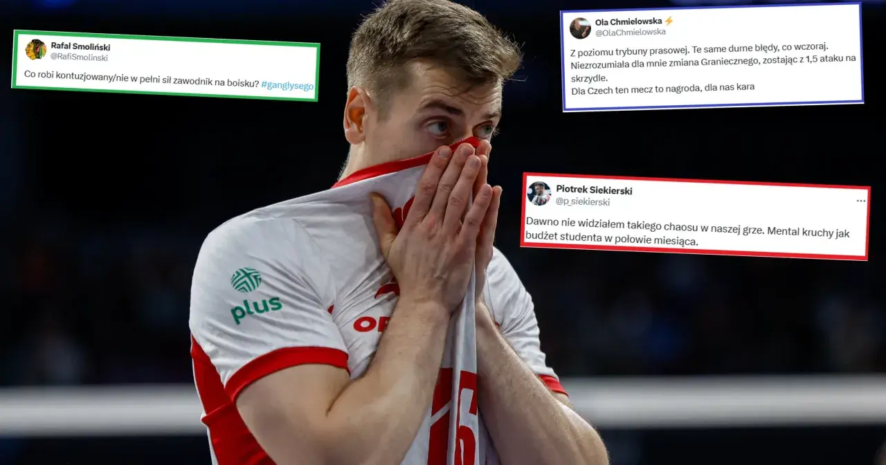 Siatkarz z rękami na twarzy, otoczony tweetami krytykującymi grę. Czy to jego skok do gwiazd, czy upadek?