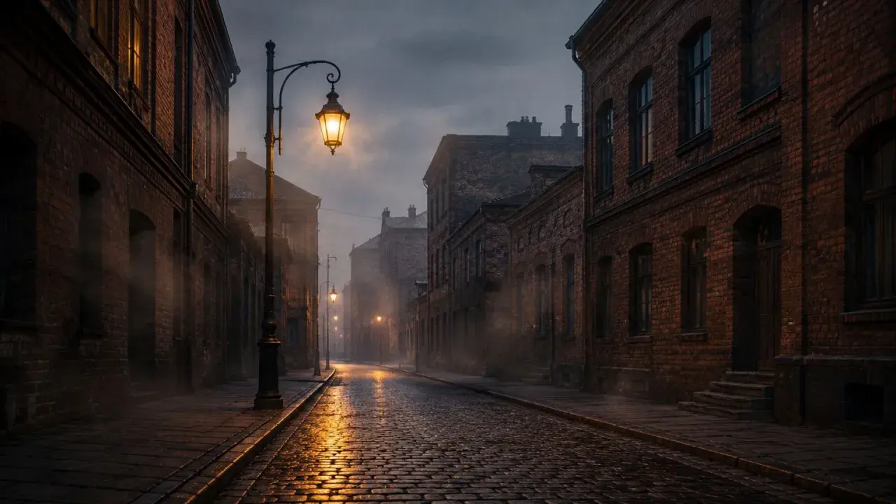 Mroczna, brukowana ulica w starym mieście, gdzie latarnie rzucają złote światło na mokry bruk. Mgła unosi się między ceglanymi kamienicami, tworząc atmosferę jakby miasto w ogniu, choć płomieni nie widać.