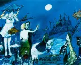 Tancerze, postać z chmurą i rybą, dziwne budowle i latające ryby tworzą surrealistyczną scenę. To plakat do spektaklu "Martwe dusze".