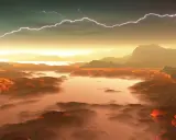 Burzliwe niebo nad pomarańczowym krajobrazem z mgłą i błyskawicami. Niesamowity widok, do zobaczenia na Wenus!