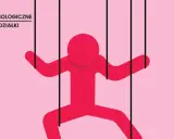 Czerwona postać jak marionetka, sterowana sznurkami, symbolizuje, jak manipulować ludźmi. Logo "Psychologiczne Poniedziałki".