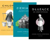 Okładki książek: "Chłop" z kobietą niosącą wiadra, "Ziemia" z grupą kobiet, "Służące do wszystkiego" z postacią w fartuchu.
