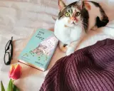 Kociak przy książce "Zaleca się kota". Obok leżą okulary i tulipan.