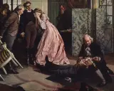 Tragiczna lotta w Weimarze. Młody mężczyzna umiera na rękach starszego, otoczeni przez zszokowanych świadków. Kobieta w różowej sukni płacze.