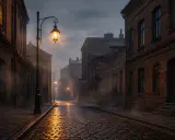 Mroczna, brukowana ulica w starym mieście, gdzie latarnie rzucają złote światło na mokry bruk. Mgła unosi się między ceglanymi kamienicami, tworząc atmosferę jakby miasto w ogniu, choć płomieni nie widać.