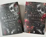 Okładki książek "Haunting Adeline" i "Hunting Adeline" z motywami czaszki, róż i pajęczyn.