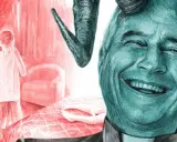 Uśmiechnięty mężczyzna z diabelskimi rogami, obok chłopiec w pokoju. Drobiazgi takie jak te mogą być niepokojące.