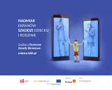 Nadmiar ekranów szkodzi dziecku i rodzinie. Chłopiec trzyma za ręce rodziców uwięzionych w smartfonach.