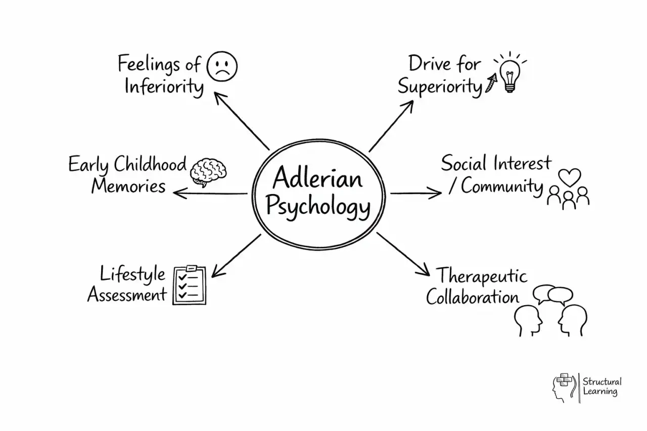Schemat psychologii indywidualnej Alfreda, austriackiego psychiatry: poczucie niższości, dążenie do wyższości, więzi społeczne, terapia, wspomnienia z dzieciństwa, ocena stylu życia.