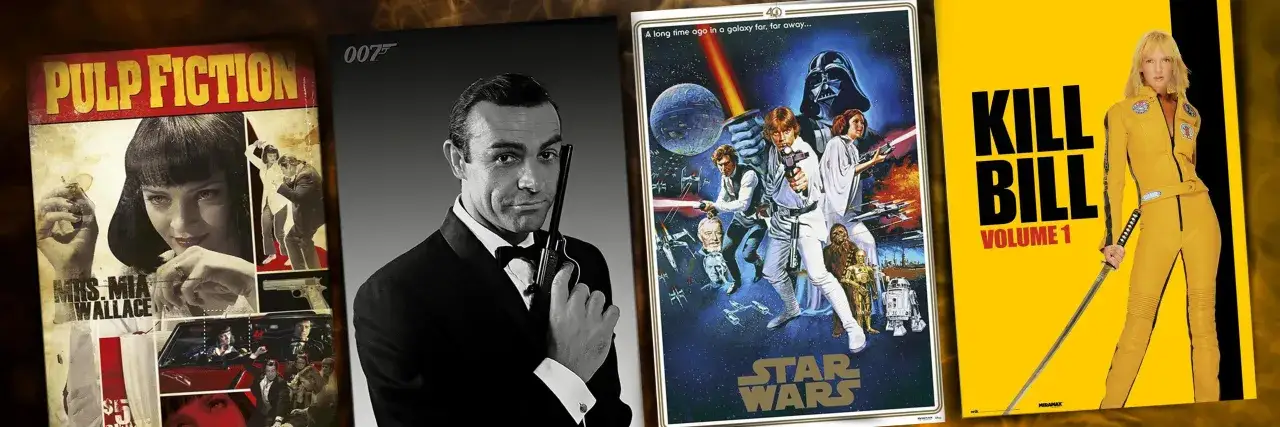 Plakaty filmowe: Pulp Fiction, James Bond 007, Gwiezdne Wojny i Kill Bill Vol. 1. To świetny zestaw na film na w.