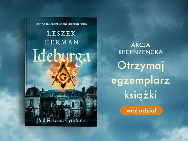 Okładka książki "Ideburga" Leszka Hermana. Tajemniczy dwór i symbol G w ogniu. Idealna pozycja w kolejności czytania jego powieści.