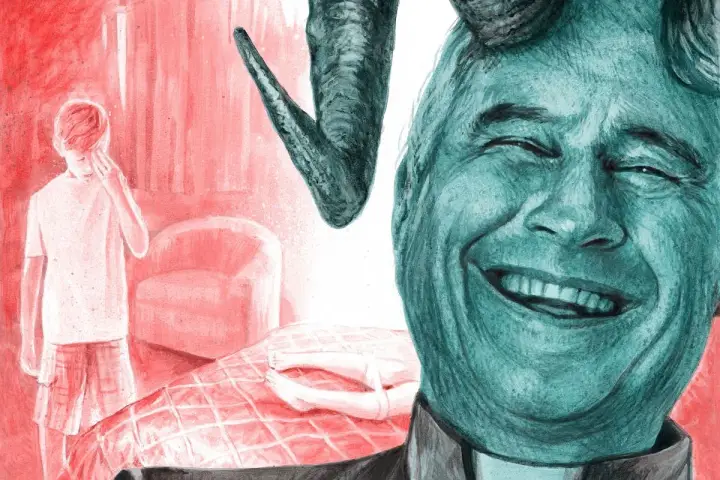 Uśmiechnięty mężczyzna z diabelskimi rogami, obok chłopiec w pokoju. Drobiazgi takie jak te mogą być niepokojące.